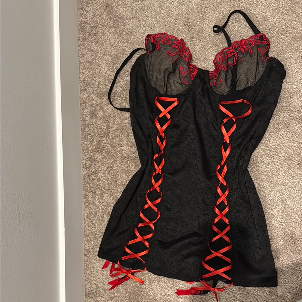 Dreamgirl Black and Red Chemise with Lace-Up Detailing